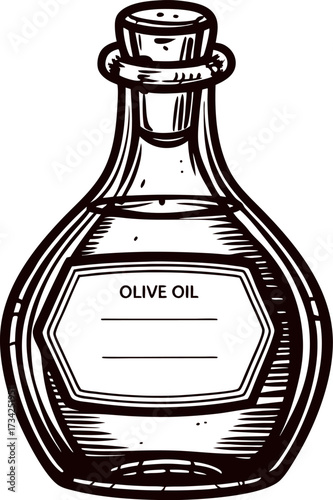 Hand drawn vintage glass olive oil bottle with wide neck and label isolated on white background