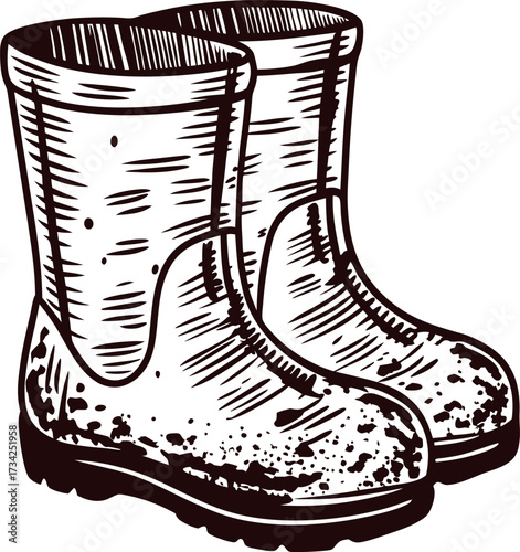 Vintage engraved illustration of muddy rubber boots on white background