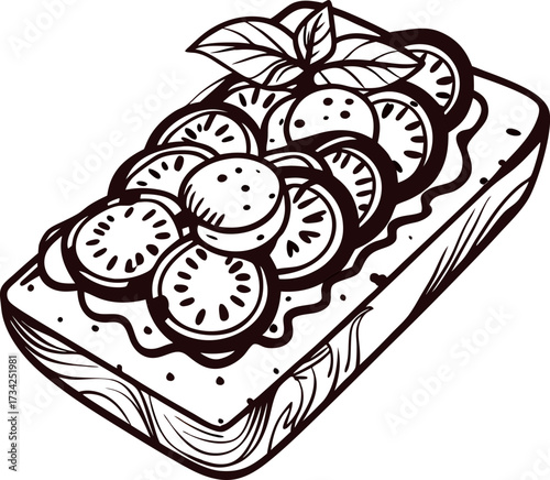 Hand drawn illustration of open faced cucumber and tomato sandwich with herbs isolated on white background