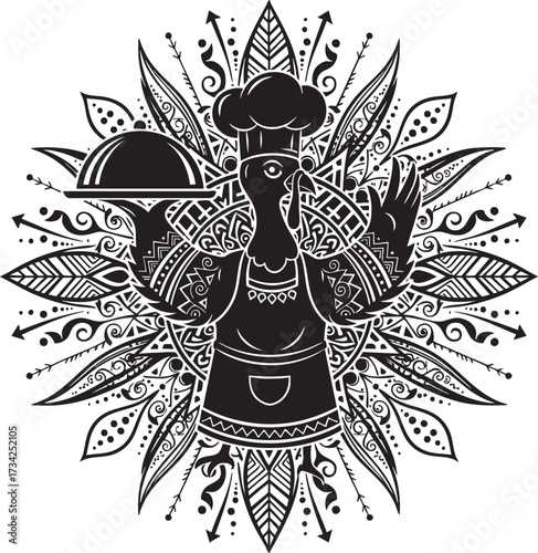 Ornate Thanksgiving Turkey Chef Mascot Silhouette with Decorative Mandala Frame.