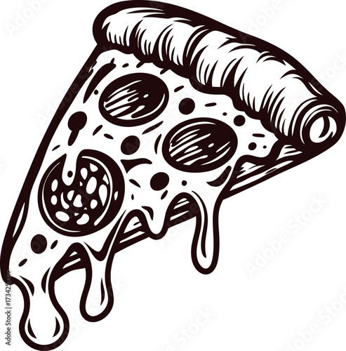 Hand drawn slice of melted cheesy pepperoni pizza with thick crust black and white sketch illustration