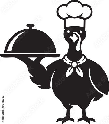 Cartoon Turkey Chef Holding a Silver Platter, Thanksgiving Illustration, Black and White