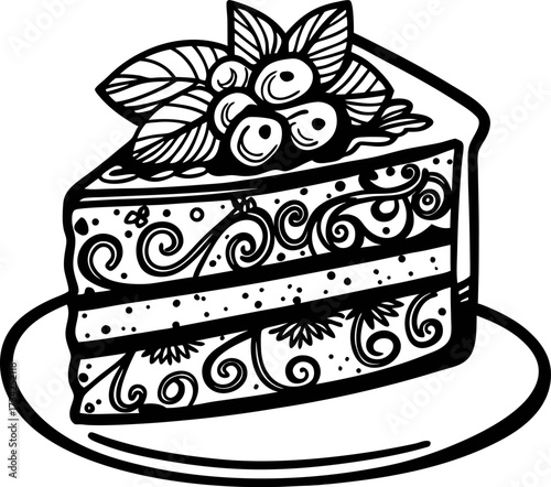 Decorative slice of layered cake with berries and leaves in ornate hand drawn on a plate illustration