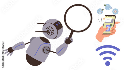 Robot holding magnifier inspects smartphone screen with chatbot messages, wireless signal symbol nearby. Ideal for AI, innovation, automation, connectivity, communication, digital assistance