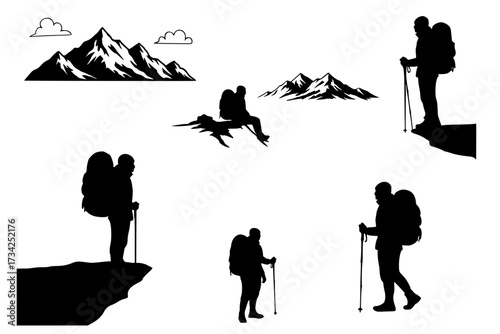 Vector Silhouette Collection of a Solo Traveller and Hiker with Backpack