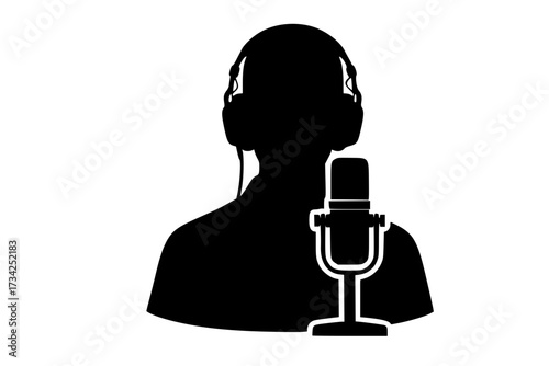  Vector Silhouette of a Podcast Host Speaking into a Microphone with Headphones