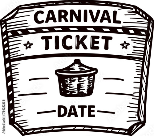Vintage engraved carnival ticket illustration with blank date area and cupcake icon in retro hand drawn