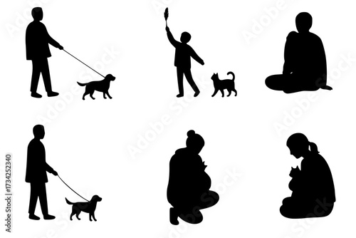 Vector Silhouette Set of Pet Owners Walking a Dog and Playing with a Cat