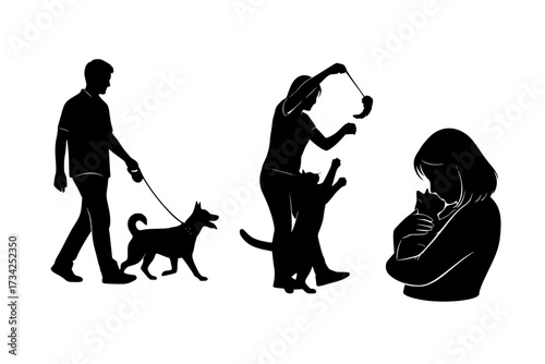 Vector Silhouette Set of Pet Owners Walking a Dog and Playing with a Cat