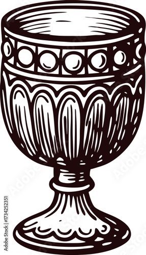 Vintage engraved illustration of an ornate goblet with decorative detailing in classic black and white
