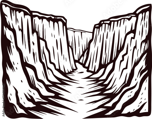 Hand drawn deep canyon with steep rocky walls and narrow riverbed, vintage engraving illustration