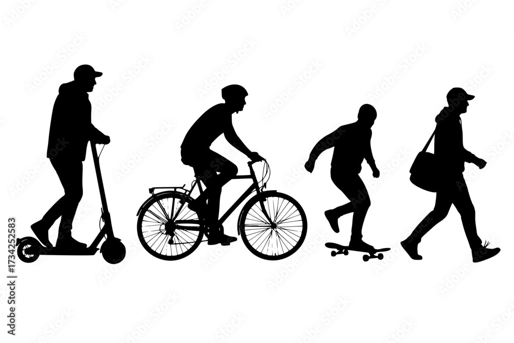 Obraz premium Urban Mobility Vector Silhouette Set with People on E-Scooter, Bicycle, and Skateboard