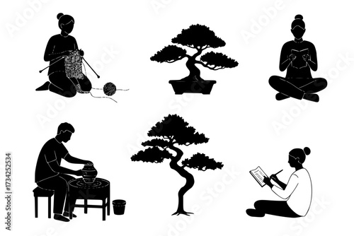 Set of Vector Silhouettes of People Engaged in Mindful Hobbies and Crafts