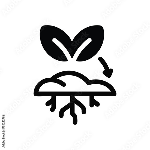 Plant with two leaves and a root system emerging from the soil, symbolizing growth, nature, and sustainability in a minimalistic style