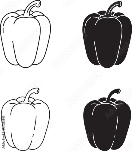 Four hand drawn bell peppers in outline and silhouette styles on white background