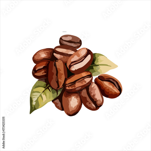 Roasted coffee beans and green leaves, fresh and ready to brew