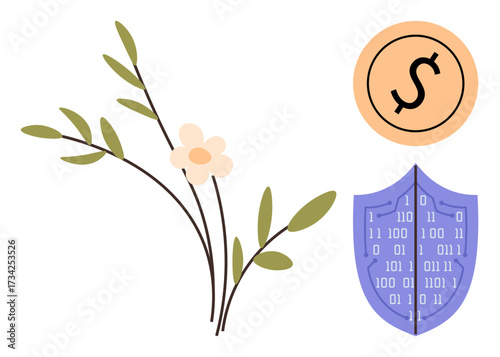 Flower stem and leaves blend with shield bearing binary code and dollar coin. Ideal for finance, protection, digital security, eco-consciousness, sustainability, harmony, innovation. Simple flat