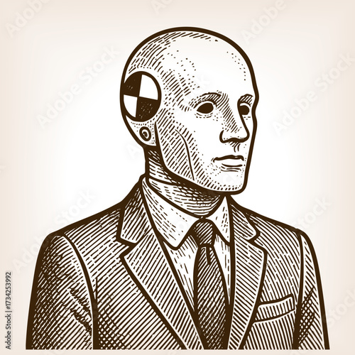 man in a suit with a crash test dummy head, symbolizing safety, testing, and satire sketch engraving generative ai fictional character vector illustration. Scratch board imitation. Black and white.