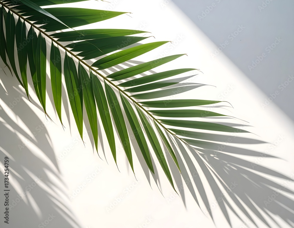 Fototapeta premium Green Palm Leaf and Shadows on a White Background