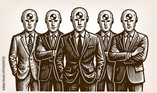 men in suits with crash test dummy heads, symbolizing conformity, testing, and dehumanization sketch engraving generative ai fictional character vector illustration. Scratch board. Black and white.