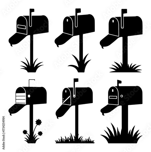 Collection of six black silhouette mailboxes with varying grass and flower details post