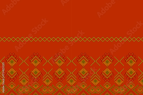 Ikat ethnic abstract geometric embroidery knitting element seamless on yellow background pattern. Native decorative design for fabric, fashion, texture, wallpaper, border, line, lace, decoration