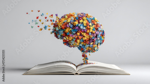 Colorful jigsaw puzzle pieces forming a brain shape emerging from an open book, symbolizing knowledge, learning, and creative thinking on white background