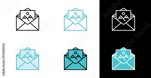 Open envelope with photo card icon for sharing memories and sending pictures in line and fill style