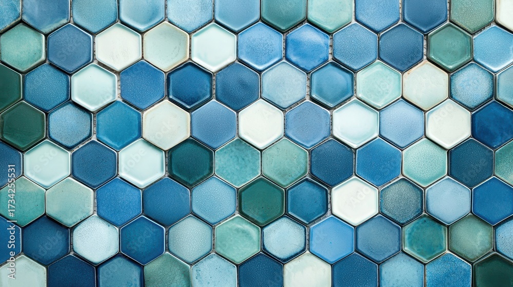 Naklejka premium Hexagonal Blue and Green Mosaic Tile Pattern for Interior Design