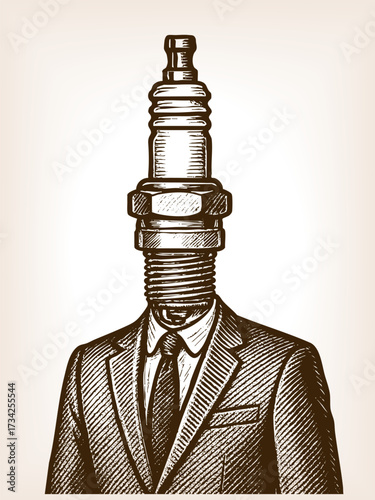 man in a suit with a spark plug as his head, symbolizing energy, power, and ignition of ideas sketch engraving generative ai fictional character vector illustration. Scratch board. Black and white.