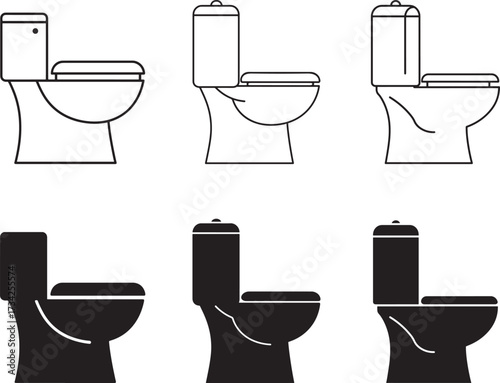 Set of three different toilet designs shown in outline and silhouette views