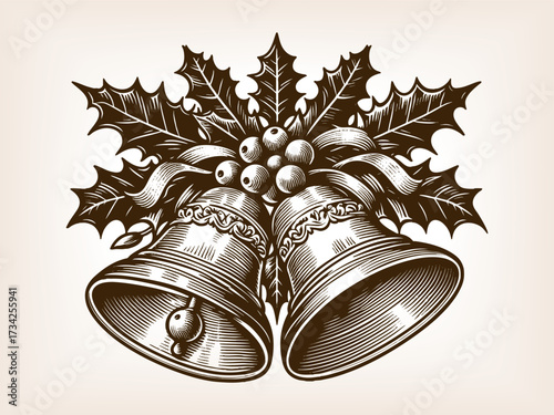 festive Christmas bells decorated with holly leaves, berries, and ribbon, symbolizing holiday cheer and celebration sketch engraving generative ai vector illustration. Scratch board. Black and white.