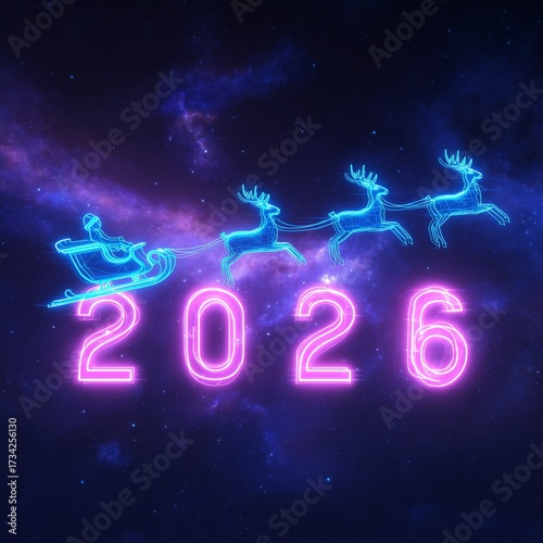Neon Santa Sleigh with Reindeer and 2026 text in Futuristic Night Sky