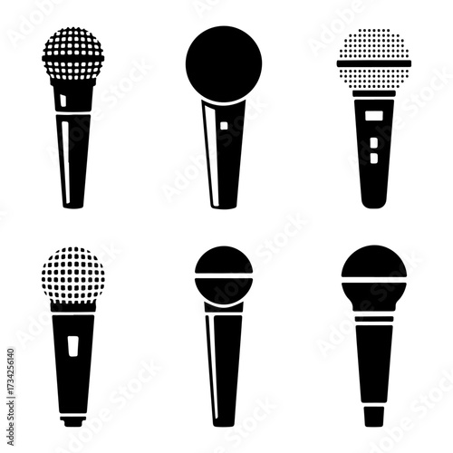 Collection of six black microphone icons with different head designs on white background