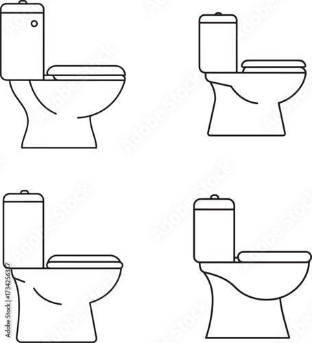 Set of four clean line art illustrations of modern and traditional toilet designs