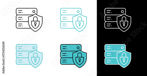 Server rack protected by shield and lock icon for data security in line and fill style