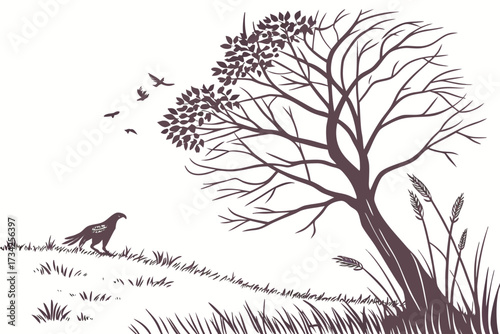 Cartoon Eagle Perched on Leafy Branch Vector - Monochrome Mascot Graphic