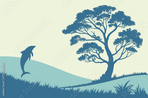 Dolphin and Bird on a Tree Branch Vector - Surreal Monochrome Graphic