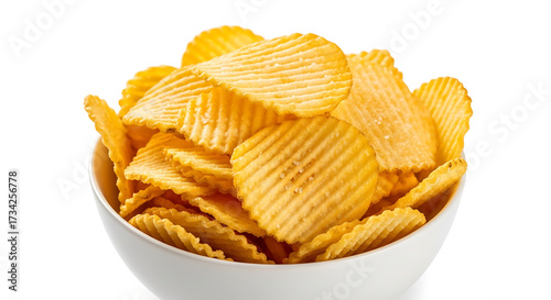 t PNG available
White ceramic bowl filled with golden crispy ridged potato chips, perfectly textured and crunchy snack presentation, isolated on transparent background