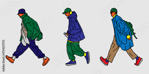 Line drawing of a young man in winter clothes walking to do an activity. Illustration graphic design.