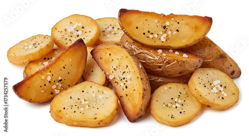 Baked potato wedges, fried potatoes isolated on white background