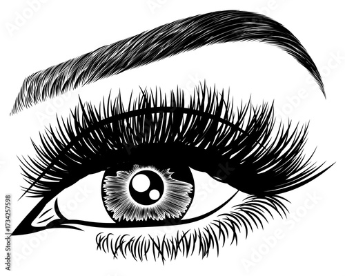 Illustration with woman's eye, eyelashes and eyebrow. Makeup Look. Tattoo design. Logo for brow bar or lash salon.