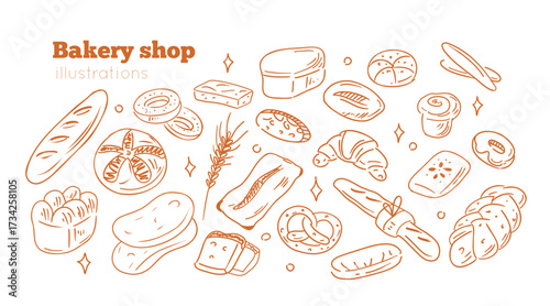 Hand drawn bakery and pastry set. Vector collections of bread, buns, croissant and other types of baked food. Sketch doodle style ink illustration.
