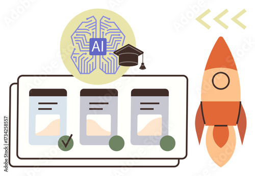 Neural AI diagram, graduation cap, checklist cards, and rocket launch, representing AI-powered education innovation, progress tracking, and goal setting. Ideal for education, technology AI