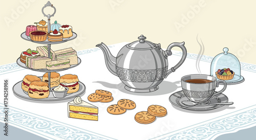 Elegant afternoon tea scene with teapot and tiered treats