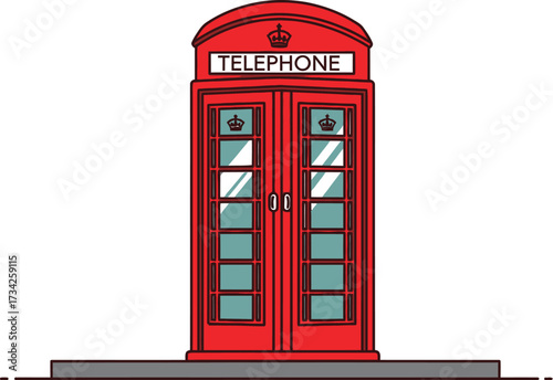 Classic red telephone booth in London city skyline view