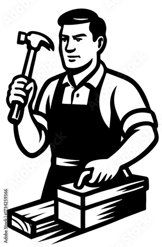 Skilled carpenter using hammer on wooden project during work