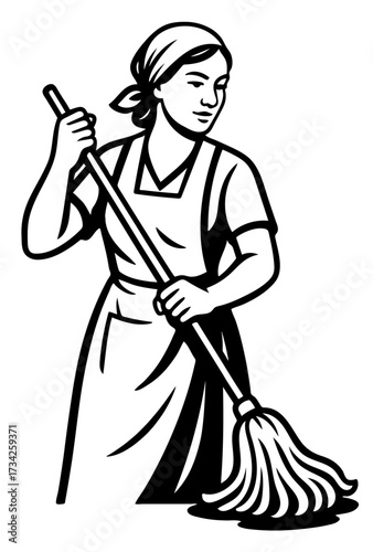 Woman cleaning with a mop in a minimalist vector design