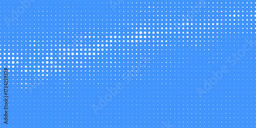 Blue halftone pattern. Retro comic gradient background. Bright pixelated dotted texture overlay. Cartoon pop art faded gradient pattern. Vector