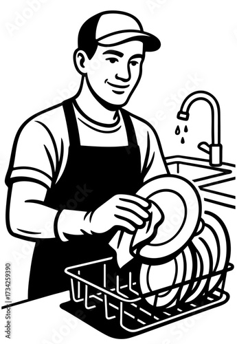 Man washing dishes in kitchen with sink and drying rack